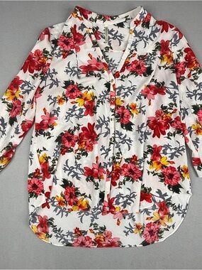 DNA Couture Floral Crepe Blouse Women’s L Textured Button Front 3/4 Top